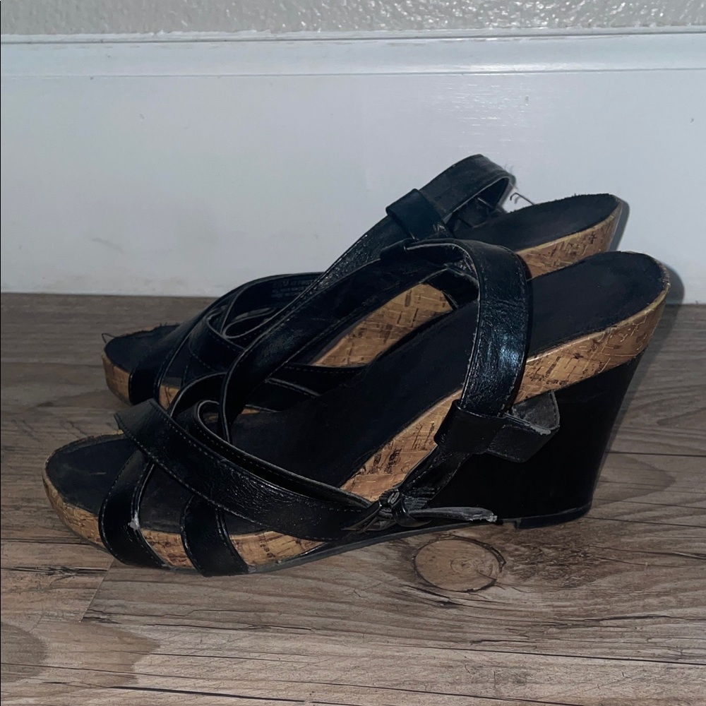 AEROSOLES Black Cork Wedge Sandals